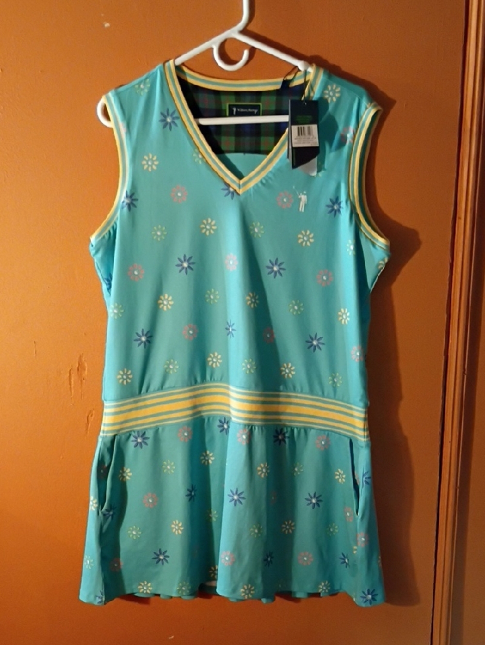 William Murray Golf Turquoise Floral Sleeveless Casual Dress with Yellow Trim
